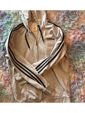 adidas Light Gray Zip-Up Hoodie with Black Stripe Detail